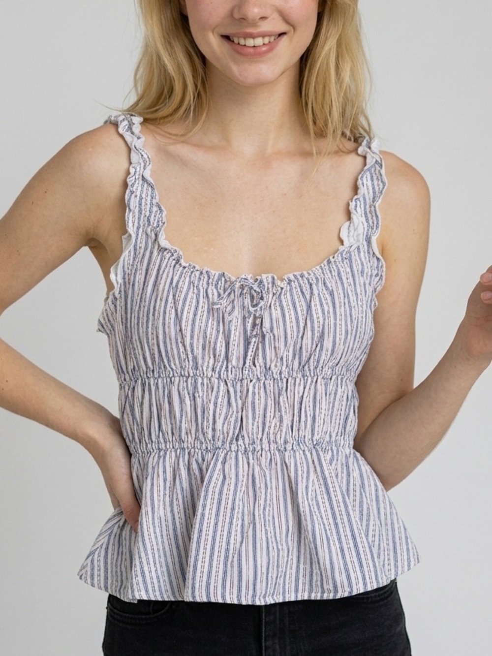 Sunday Best White & Blue Striped Ruffled Smocked Tank 100% Cotten XS